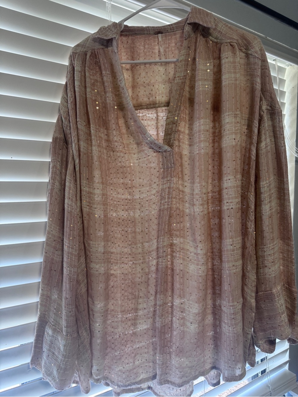 Free People Pink Beige Metallic Thread V-Neck Tunic